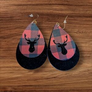 3/$20 Buffalo Plaid Teardrop Earrings with Deer Design